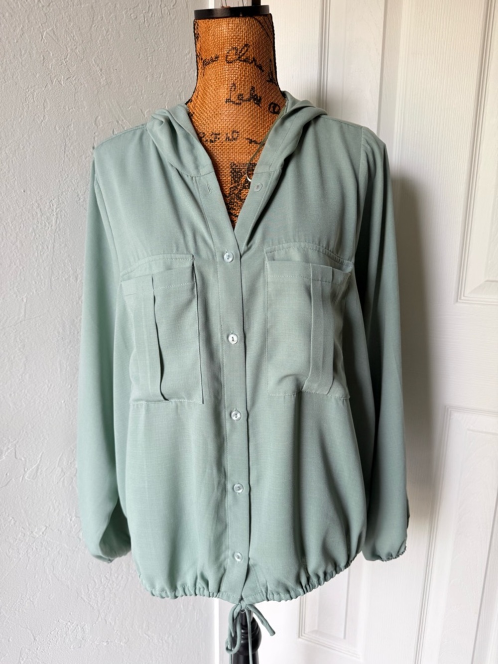 Sweet Rain Sage Green Hooded Button-Front